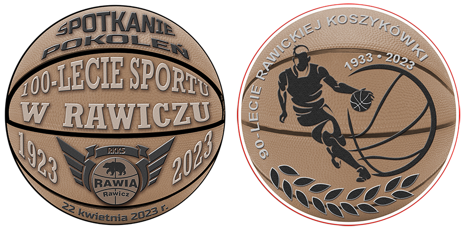 Awers i rewers medalu z okazji 100-lecia sportu i 90-lecia koszykówki w Rawiczu